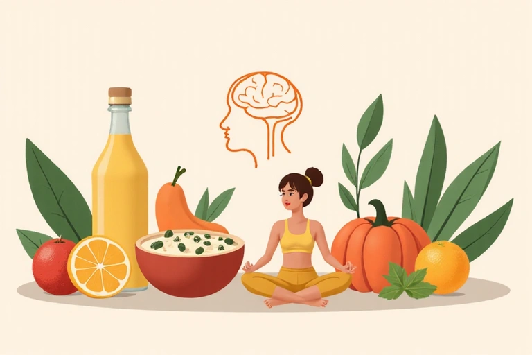 Immagine che rappresenta un approccio olistico alla nutrizione, con elementi come cibo sano, mente serena, attività fisica e natura.