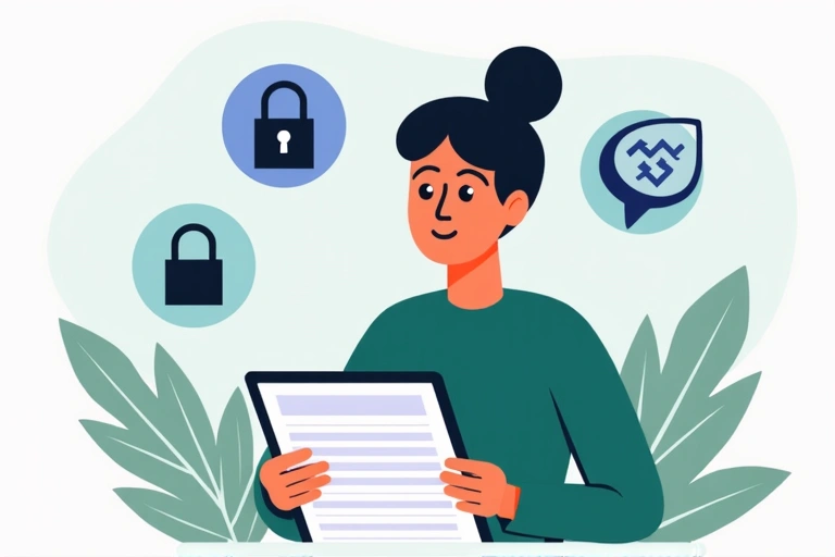 Una persona che legge un documento sulla privacy con icone di sicurezza intorno.