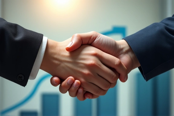 Due mani che si stringono, simboleggiando supporto e guida, con uno sfondo sfocato di grafici di progresso.