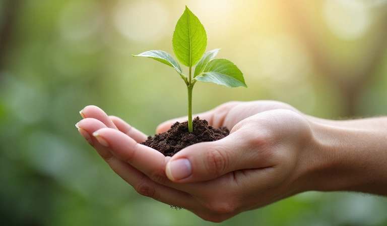 Mano che tiene un germoglio verde delicato, simboleggiando la crescita, il nuovo inizio e la speranza per un futuro più sano.
