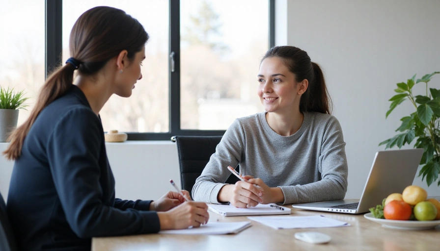 Una persona che prende appunti durante una conversazione con un professionista della nutrizione, in un ambiente luminoso e professionale.
