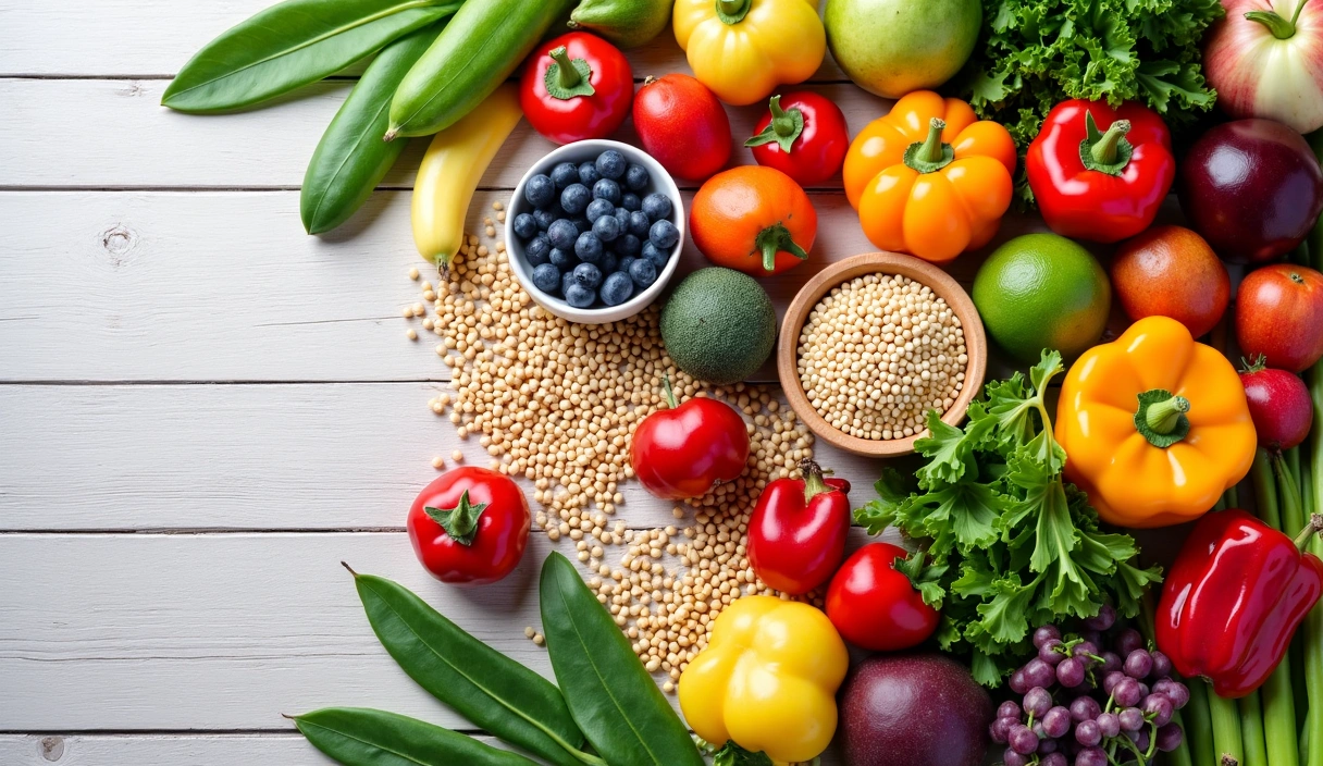 Una selezione variata di alimenti sani e colorati, come frutta, verdura, cereali integrali e legumi, disposti armoniosamente su un tavolo di legno chiaro.