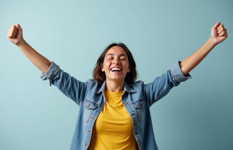 Una persona sorridente che celebra un successo personale, simbolo di felicità e trasformazione raggiunta grazie al coaching.